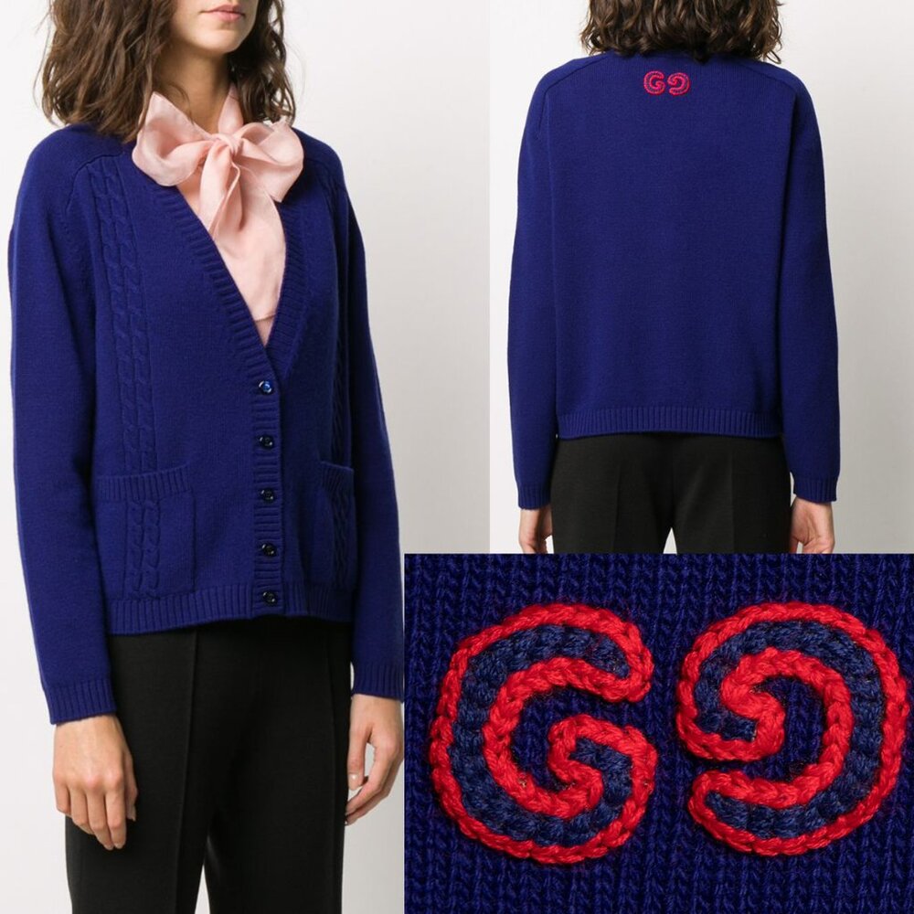 GUCCI SWEATER NAVY BLUE WOOL EMBROIDERED LOGO CARDIGAN CABLE KNIT sz S